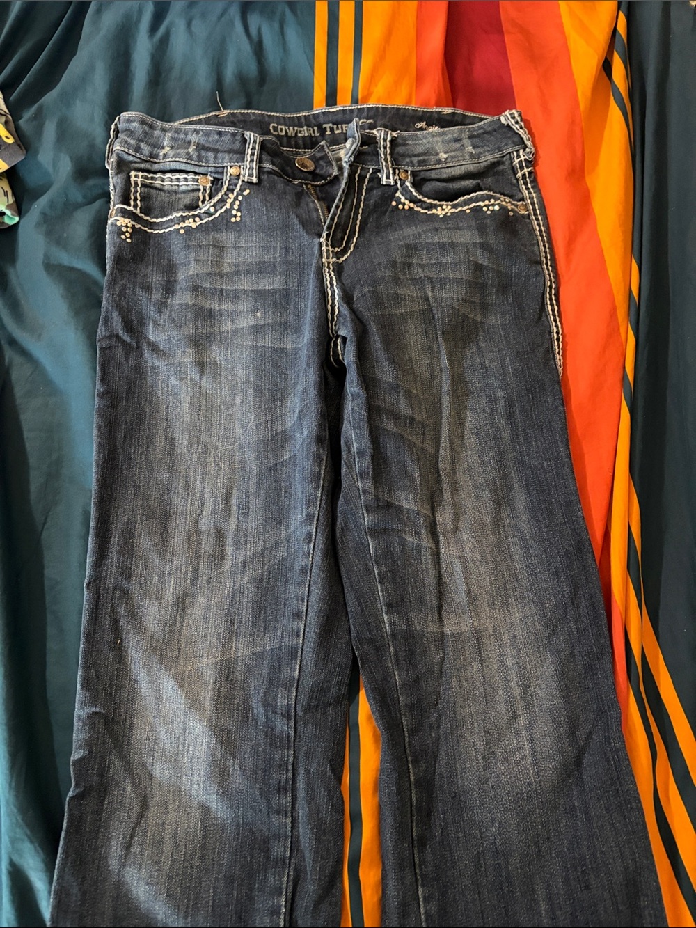 Cowgirl Tuff Dark Blue Boot Cut Jeans with Embellished Pockets